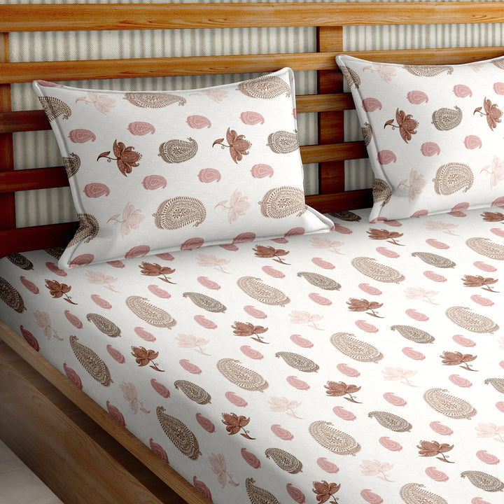 Double Bedsheet Cotton King Size with 2 Pillow Covers Floral Design Brown Colour - Stella Collection