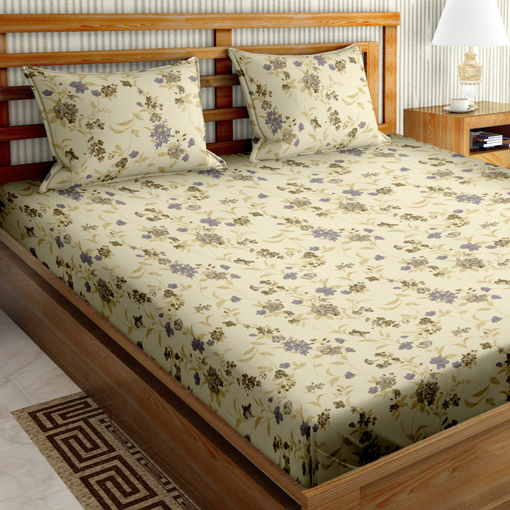Bella Casa Fashion & Retail Ltd  90 X 108 Inch / Grey / Cotton Double Bedsheet Set Cotton King Size with 2 Pillow Covers Floral Grey Colour - Stella Collection