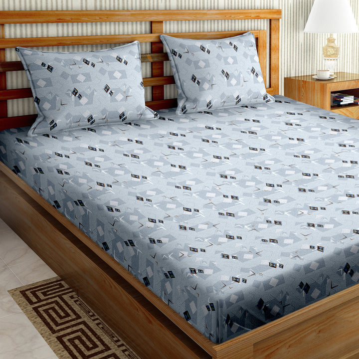 Bella Casa Fashion & Retail Ltd  90 X 108 Inch / Grey / Cotton Double Bedsheet Set Cotton King Size with 2 Pillow Covers Geometric Design GreyColour - Stella Collection