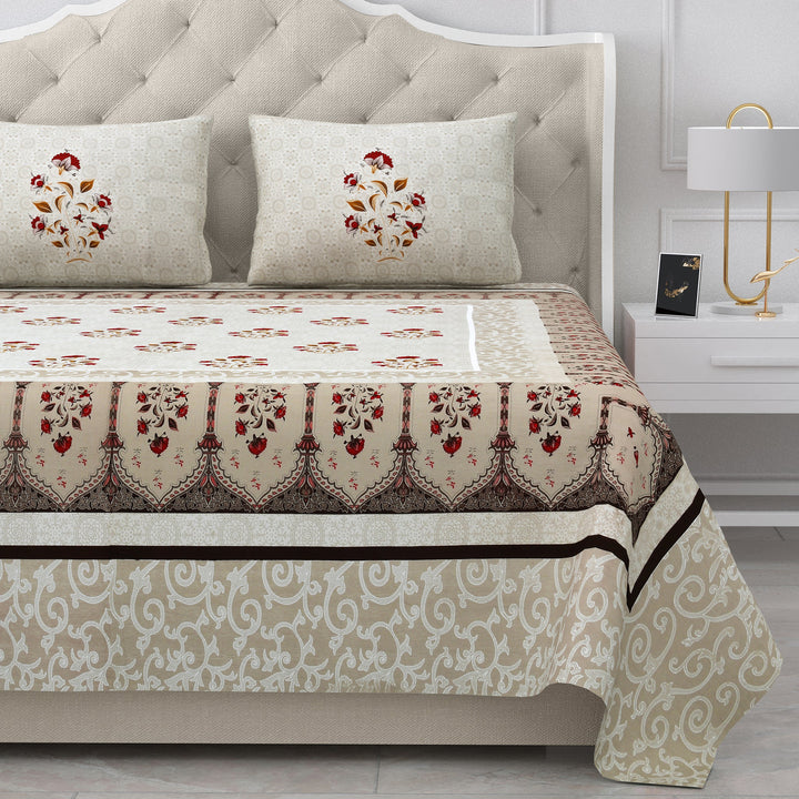 Bella Casa Fashion & Retail Ltd Bed Sheets 108 X 108 Inch / Beige & Maroon / 100 % Pure Cotton Double Super King Size Bedsheet with 2 Pillow Covers Set 100% Pure Cotton Floral Design Beige & Maroon Colour - Gulmohar Collection