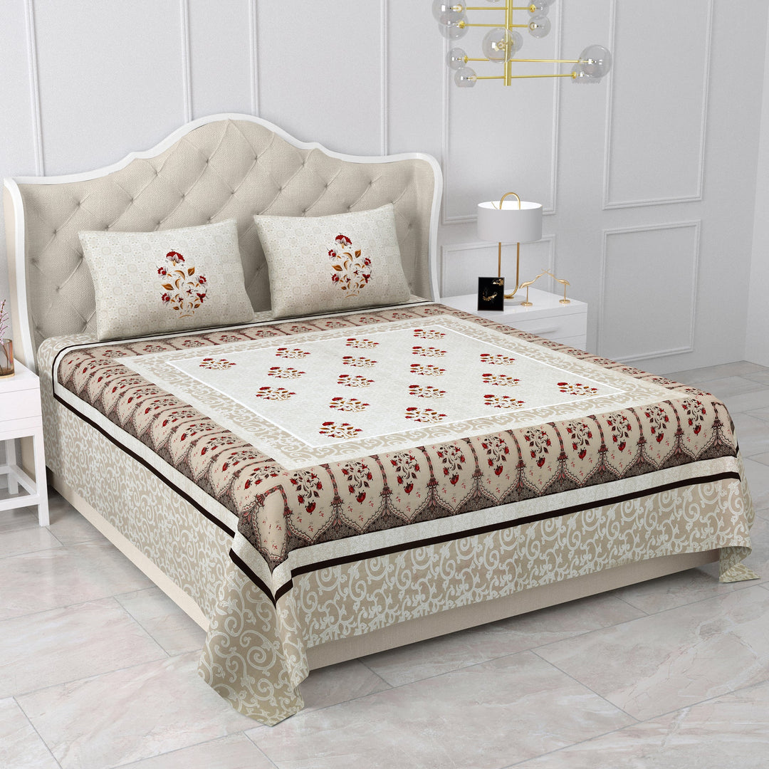 Bella Casa Fashion & Retail Ltd Bed Sheets 108 X 108 Inch / Beige & Maroon / 100 % Pure Cotton Double Super King Size Bedsheet with 2 Pillow Covers Set 100% Pure Cotton Floral Design Beige & Maroon Colour - Gulmohar Collection