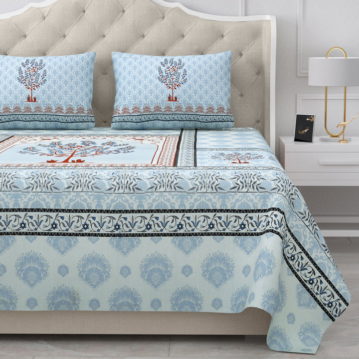 Bella Casa Fashion & Retail Ltd Bed Sheets 108 X 108 Inch / Blue & Brown / 100 % Pure Cotton Double Super King Size Bedsheet with 2 Pillow Covers Set 100% Pure Cotton Floral Design Blue & Brown Colour - Gulmohar Collection