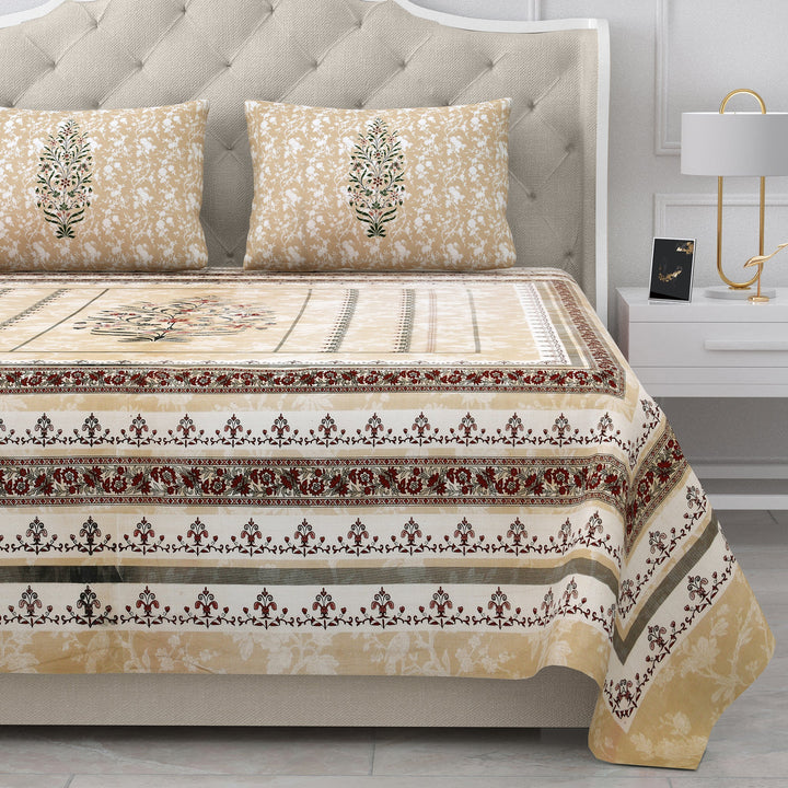 Bella Casa Fashion & Retail Ltd Bed Sheets 108 X 108 Inch / Brown & Multi / 100 % Pure Cotton Double Super King Size Bedsheet with 2 Pillow Covers Set 100% Pure Cotton Floral Design Brown & Multi Colour - Gulmohar Collection