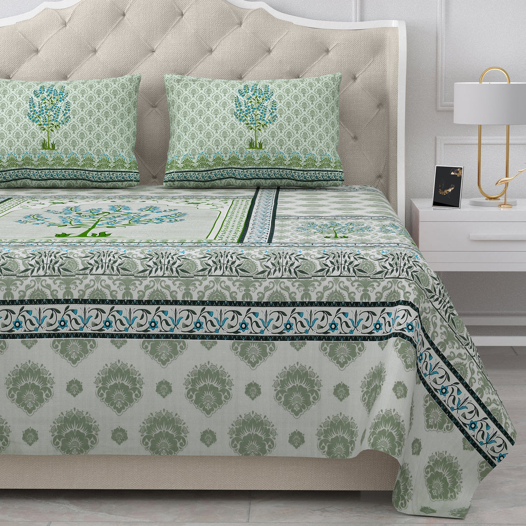 Bella Casa Fashion & Retail Ltd Bed Sheets 108 X 108 Inch / Green & Blue / 100 % Pure Cotton Double Super King Size Bedsheet with 2 Pillow Covers Set 100% Pure Cotton Floral Design Green & Blue Colour - Gulmohar Collection