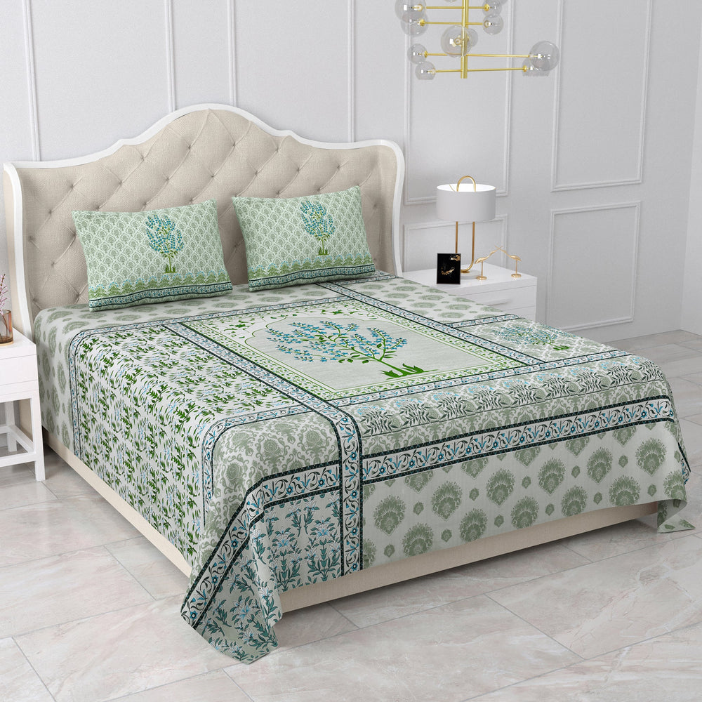 Bella Casa Fashion & Retail Ltd Bed Sheets 108 X 108 Inch / Green & Blue / 100 % Pure Cotton Double Super King Size Bedsheet with 2 Pillow Covers Set 100% Pure Cotton Floral Design Green & Blue Colour - Gulmohar Collection