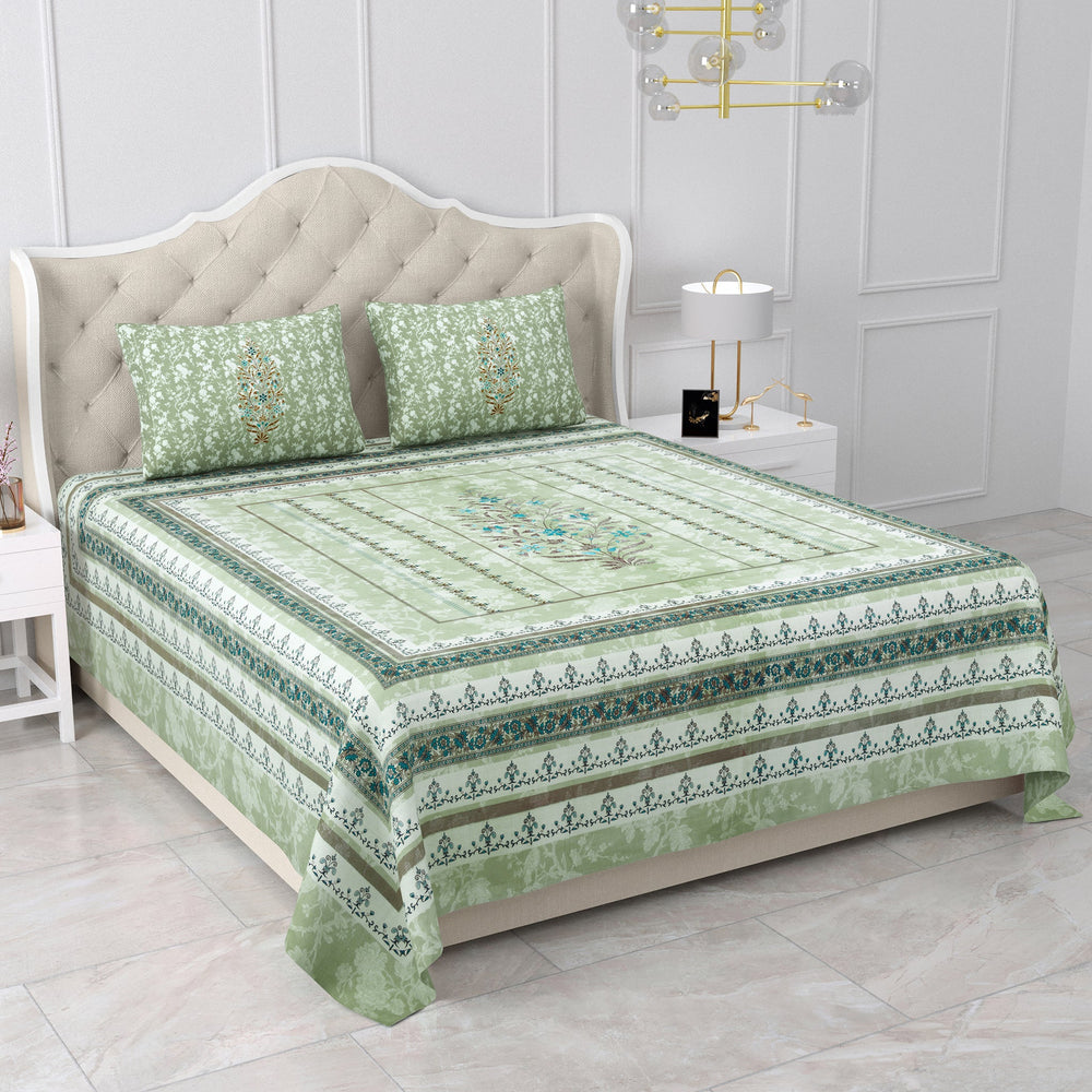 Bella Casa Fashion & Retail Ltd Bed Sheets 108 X 108 Inch / Green & Blue / 100 % Pure Cotton Double Super King Size Bedsheet with 2 Pillow Covers Set 100% Pure Cotton Floral Design Green & Blue Colour - Gulmohar Collection