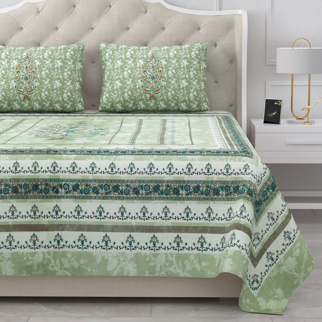 Bella Casa Fashion & Retail Ltd Bed Sheets 108 X 108 Inch / Green & Blue / 100 % Pure Cotton Double Super King Size Bedsheet with 2 Pillow Covers Set 100% Pure Cotton Floral Design Green & Blue Colour - Gulmohar Collection