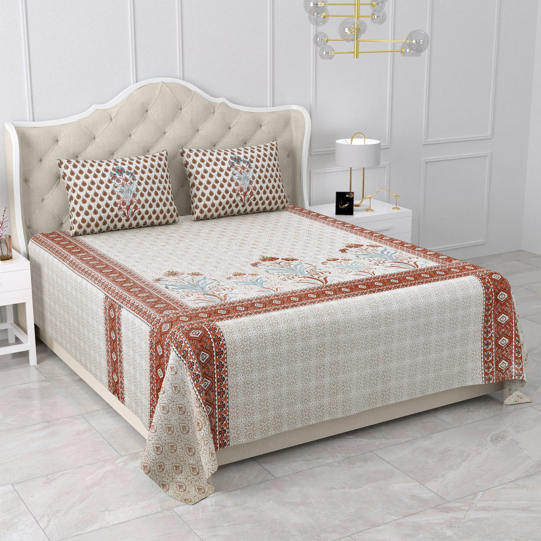 Bella Casa Fashion & Retail Ltd Bed Sheets 108 X 108 Inch / Grey & Brown / 100 % Pure Cotton Double Super King Size Bedsheet with 2 Pillow Covers Set 100% Pure Cotton Floral Design Grey & Brown Colour - Gulmohar Collection