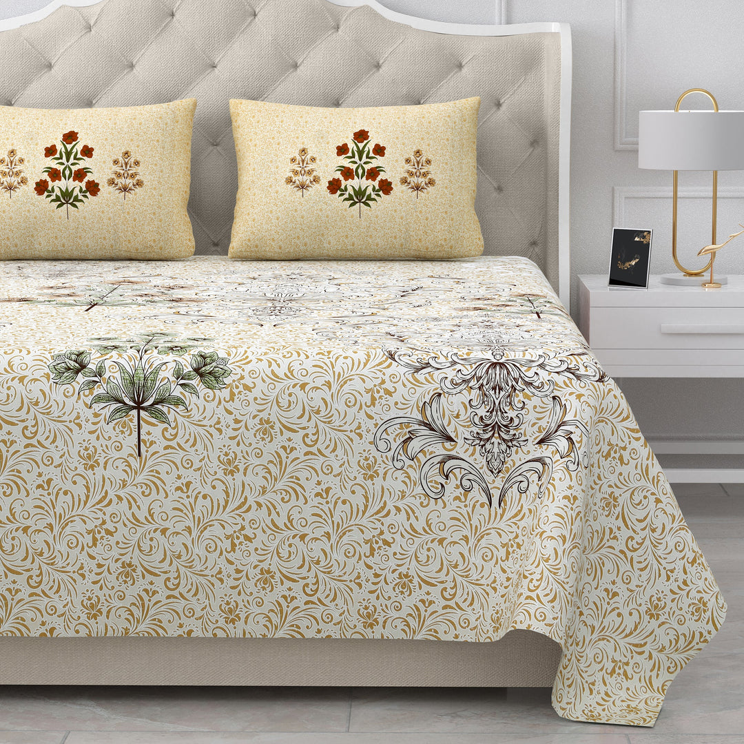 Bella Casa Fashion & Retail Ltd Bed Sheets 108 X 108 Inch / Yellow & Multi / 100 % Pure Cotton Double Super King Size Bedsheet with 2 Pillow Covers Set 100% Pure Cotton Floral Design Yellow & Multi Colour - Gulmohar Collection