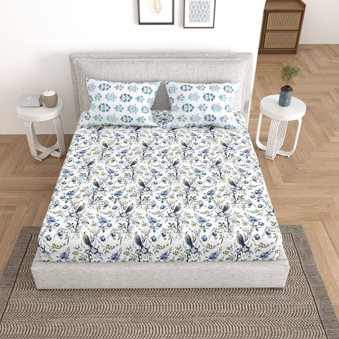 Bella Casa Fashion & Retail Ltd Bedding Set 90 x 108 inch / Blue / Cotton 5 PC Bedding Set ( 1 Double Bedsheet with 2 Pillow Covers & 2 Reversible Single Dohar ) Floral Design Cotton Blue Colour - Oasis Bedding Set