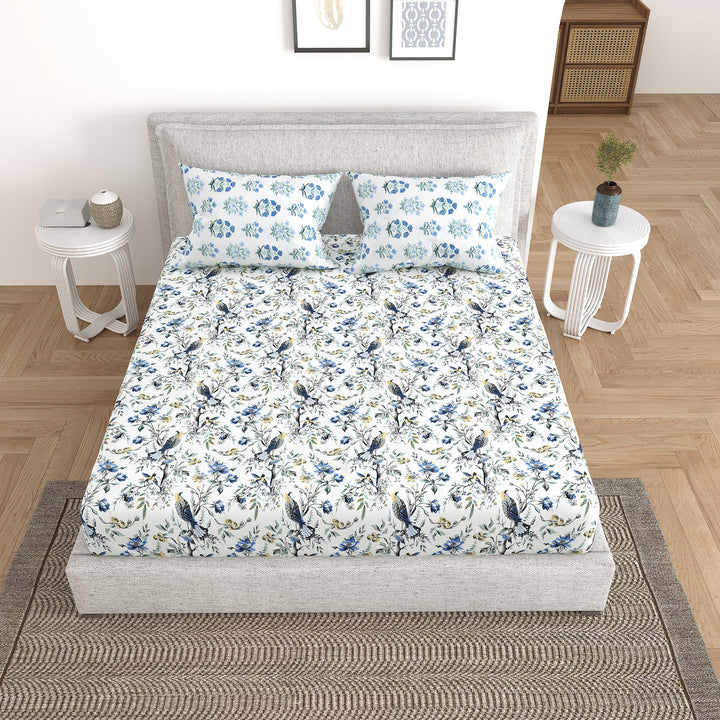 Bella Casa Fashion & Retail Ltd Bedding Set 90 x 108 inch / Blue / Cotton 5 PC Bedding Set ( 1 Double Bedsheet with 2 Pillow Covers & 2 Reversible Single Dohar ) Floral Design Cotton Blue Colour - Oasis Bedding Set