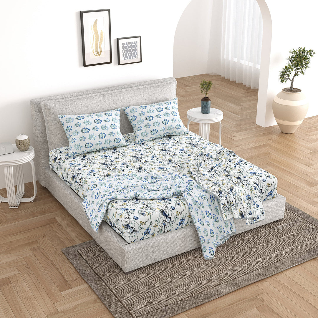 Bella Casa Fashion & Retail Ltd Bedding Set 90 x 108 inch / Blue / Cotton 5 PC Bedding Set ( 1 Double Bedsheet with 2 Pillow Covers & 2 Reversible Single Dohar ) Floral Design Cotton Blue Colour - Oasis Bedding Set