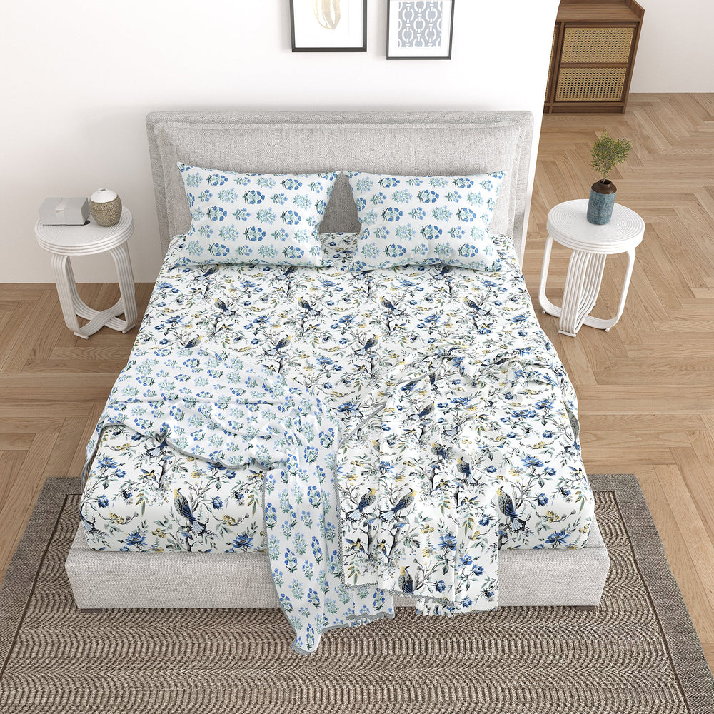 Bella Casa Fashion & Retail Ltd Bedding Set 90 x 108 inch / Blue / Cotton 5 PC Bedding Set ( 1 Double Bedsheet with 2 Pillow Covers & 2 Reversible Single Dohar ) Floral Design Cotton Blue Colour - Oasis Bedding Set