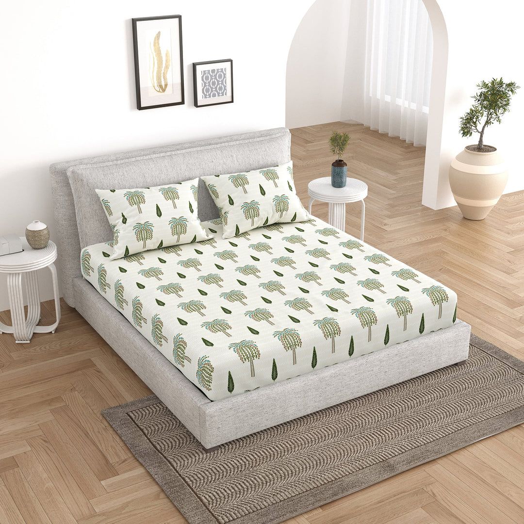 Bella Casa Fashion & Retail Ltd Bedding Set 90 x 108 inch / Green / Cotton 5 PC Bedding Set ( 1 Double Bedsheet with 2 Pillow Covers & 2 Reversible Single Dohar ) Floral Design Cotton Green Colour - Oasis Bedding Set
