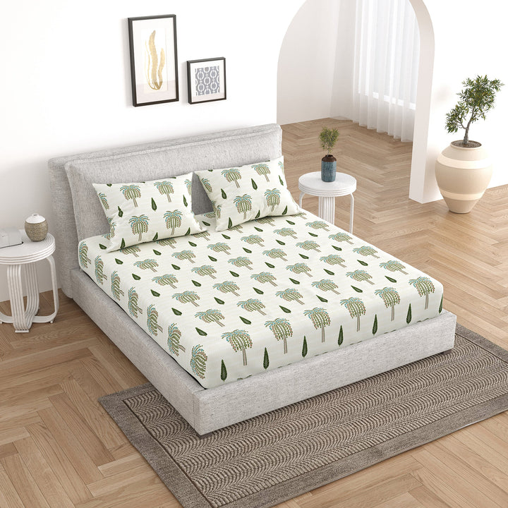 Bella Casa Fashion & Retail Ltd Bedding Set 90 x 108 inch / Green / Cotton 5 PC Bedding Set ( 1 Double Bedsheet with 2 Pillow Covers & 2 Reversible Single Dohar ) Floral Design Cotton Green Colour - Oasis Bedding Set