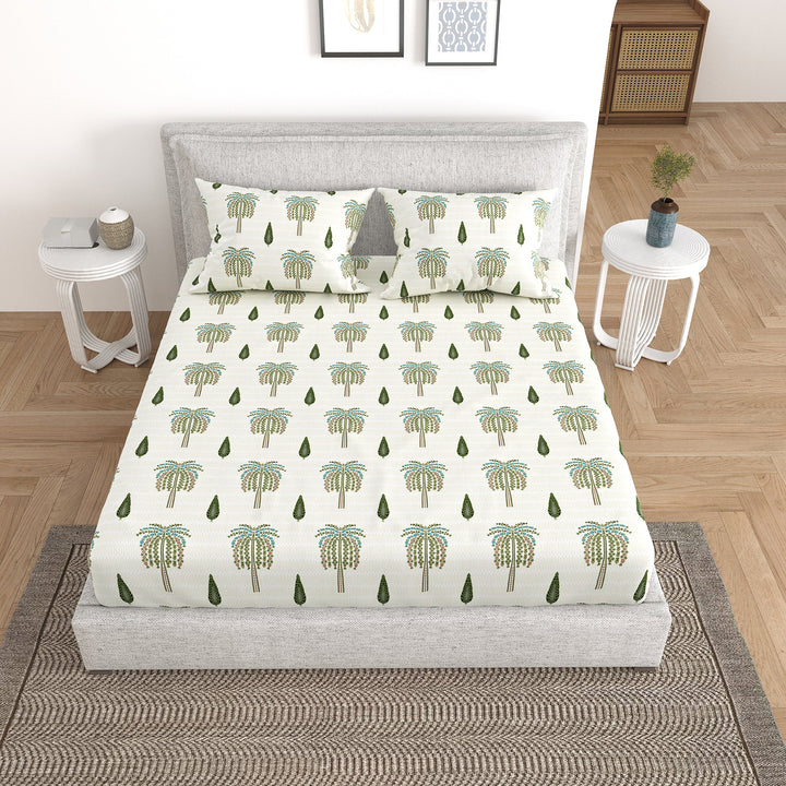 Bella Casa Fashion & Retail Ltd Bedding Set 90 x 108 inch / Green / Cotton 5 PC Bedding Set ( 1 Double Bedsheet with 2 Pillow Covers & 2 Reversible Single Dohar ) Floral Design Cotton Green Colour - Oasis Bedding Set
