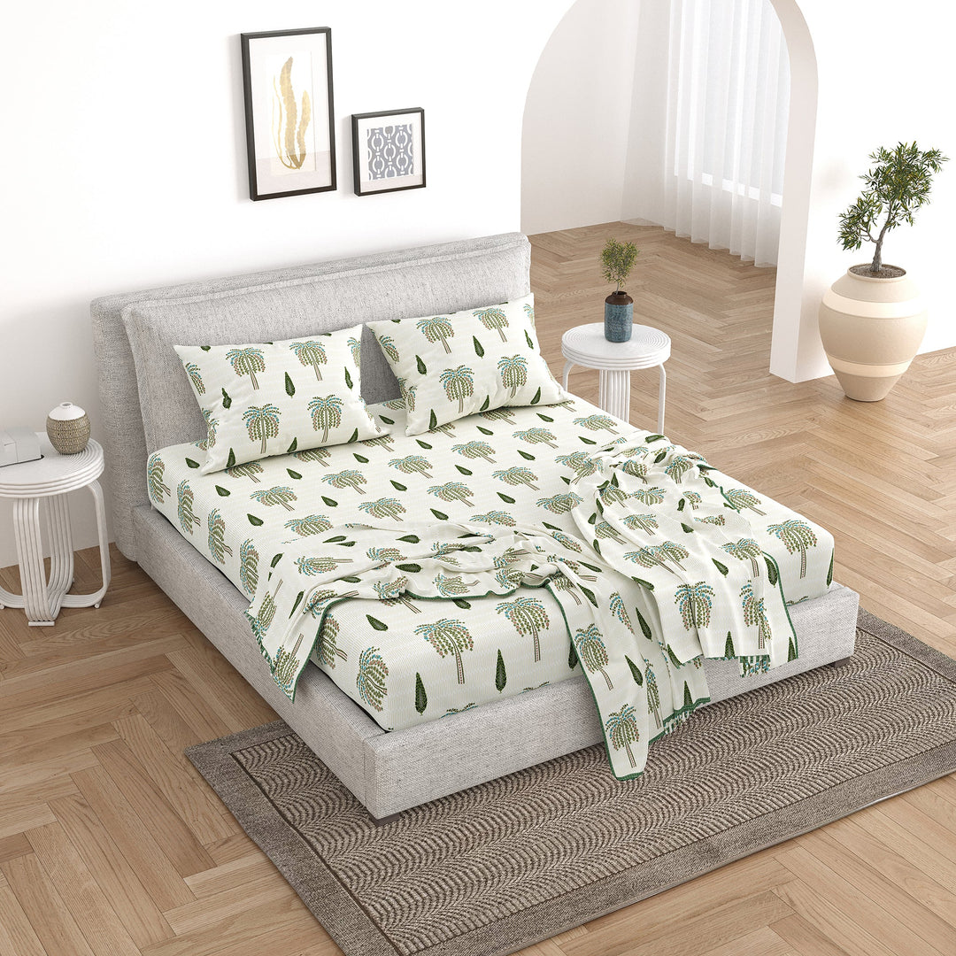 Bella Casa Fashion & Retail Ltd Bedding Set 90 x 108 inch / Green / Cotton 5 PC Bedding Set ( 1 Double Bedsheet with 2 Pillow Covers & 2 Reversible Single Dohar ) Floral Design Cotton Green Colour - Oasis Bedding Set
