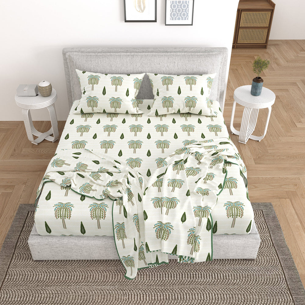 Bella Casa Fashion & Retail Ltd Bedding Set 90 x 108 inch / Green / Cotton 5 PC Bedding Set ( 1 Double Bedsheet with 2 Pillow Covers & 2 Reversible Single Dohar ) Floral Design Cotton Green Colour - Oasis Bedding Set