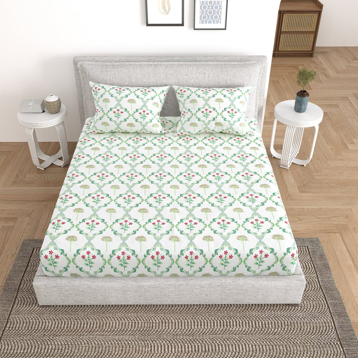 Bella Casa Fashion & Retail Ltd Bedding Set 90 x 108 inch / Green / Cotton 5 PC Bedding Set ( 1 Double Bedsheet with 2 Pillow Covers & 2 Reversible Single Dohar ) Floral Design Cotton Green Colour - Oasis Bedding Set