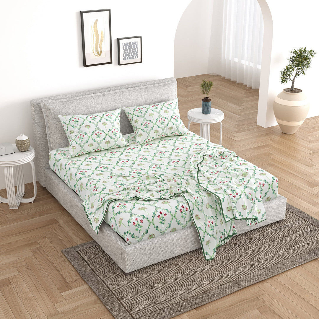 Bella Casa Fashion & Retail Ltd Bedding Set 90 x 108 inch / Green / Cotton 5 PC Bedding Set ( 1 Double Bedsheet with 2 Pillow Covers & 2 Reversible Single Dohar ) Floral Design Cotton Green Colour - Oasis Bedding Set