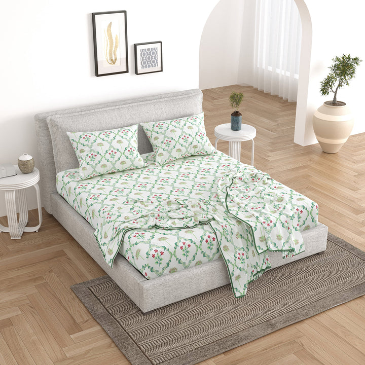 Bella Casa Fashion & Retail Ltd Bedding Set 90 x 108 inch / Green / Cotton 5 PC Bedding Set ( 1 Double Bedsheet with 2 Pillow Covers & 2 Reversible Single Dohar ) Floral Design Cotton Green Colour - Oasis Bedding Set