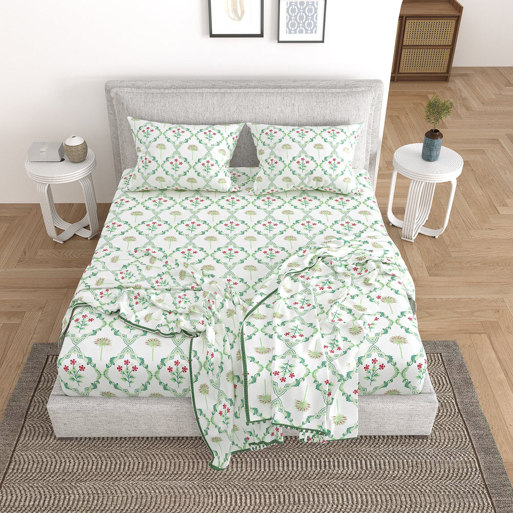 Bella Casa Fashion & Retail Ltd Bedding Set 90 x 108 inch / Green / Cotton 5 PC Bedding Set ( 1 Double Bedsheet with 2 Pillow Covers & 2 Reversible Single Dohar ) Floral Design Cotton Green Colour - Oasis Bedding Set