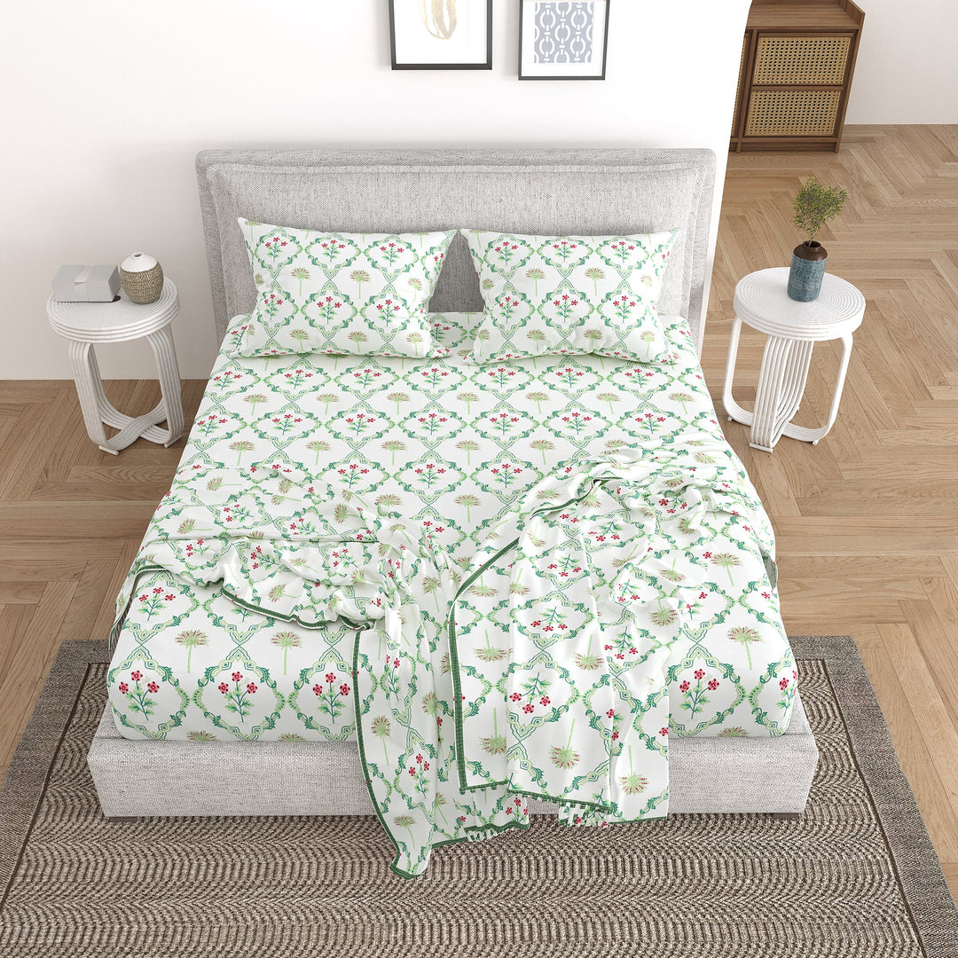 Bella Casa Fashion & Retail Ltd Bedding Set 90 x 108 inch / Green / Cotton 5 PC Bedding Set ( 1 Double Bedsheet with 2 Pillow Covers & 2 Reversible Single Dohar ) Floral Design Cotton Green Colour - Oasis Bedding Set