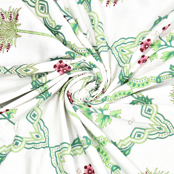 Bella Casa Fashion & Retail Ltd Bedding Set 90 x 108 inch / Green / Cotton 5 PC Bedding Set ( 1 Double Bedsheet with 2 Pillow Covers & 2 Reversible Single Dohar ) Floral Design Cotton Green Colour - Oasis Bedding Set