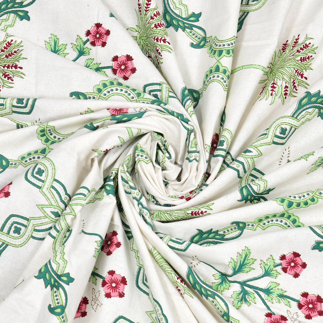 Bella Casa Fashion & Retail Ltd Bedding Set 90 x 108 inch / Green / Cotton 5 PC Bedding Set ( 1 Double Bedsheet with 2 Pillow Covers & 2 Reversible Single Dohar ) Floral Design Cotton Green Colour - Oasis Bedding Set