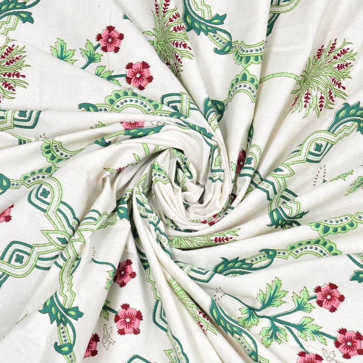 Bella Casa Fashion & Retail Ltd Bedding Set 90 x 108 inch / Green / Cotton 5 PC Bedding Set ( 1 Double Bedsheet with 2 Pillow Covers & 2 Reversible Single Dohar ) Floral Design Cotton Green Colour - Oasis Bedding Set
