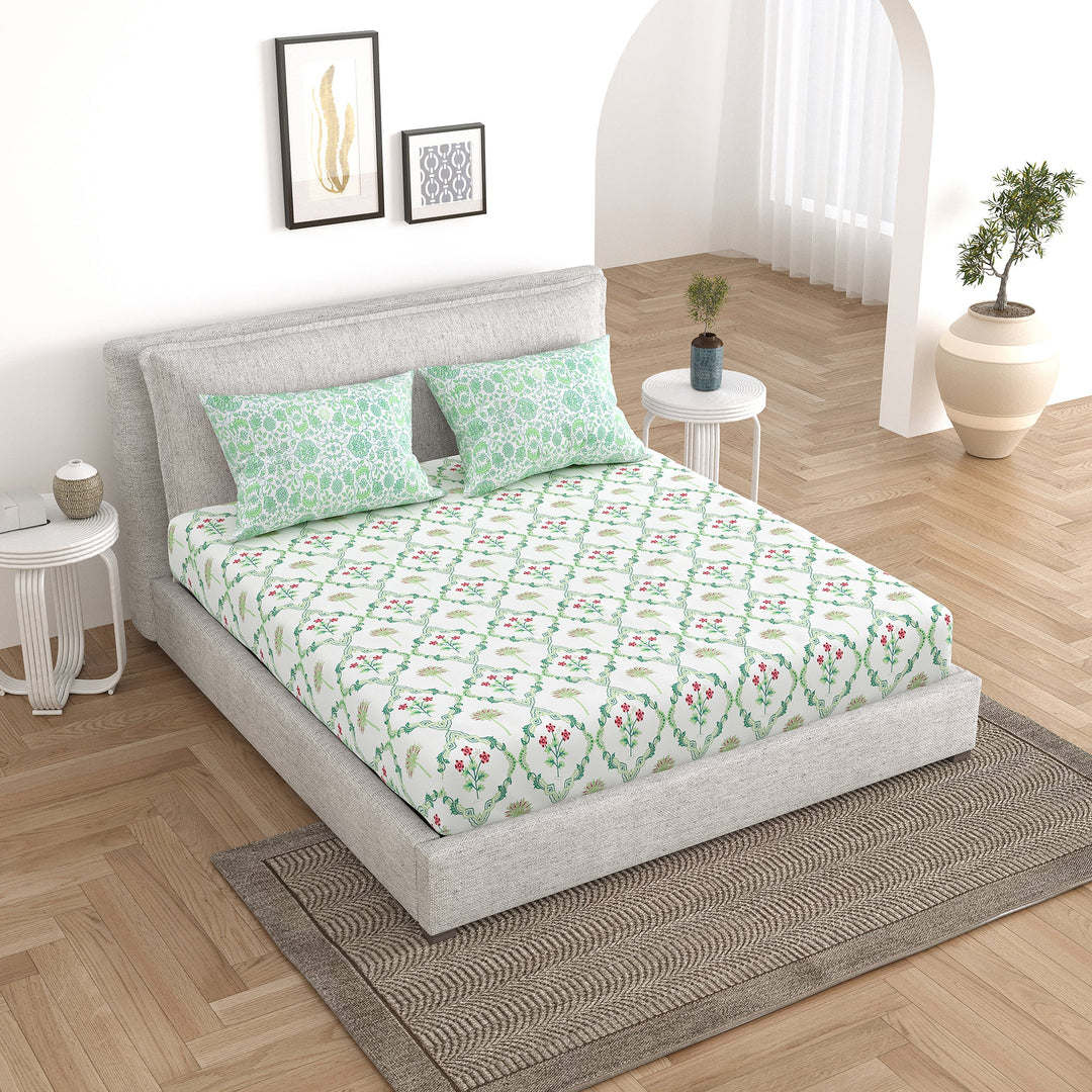 Bella Casa Fashion & Retail Ltd Bedding Set 90 x 108 inch / Green / Cotton 5 PC Bedding Set ( 1 Double Bedsheet with 2 Pillow Covers & 2 Reversible Single Dohar ) Floral Design Cotton Green Colour - Oasis Bedding Set