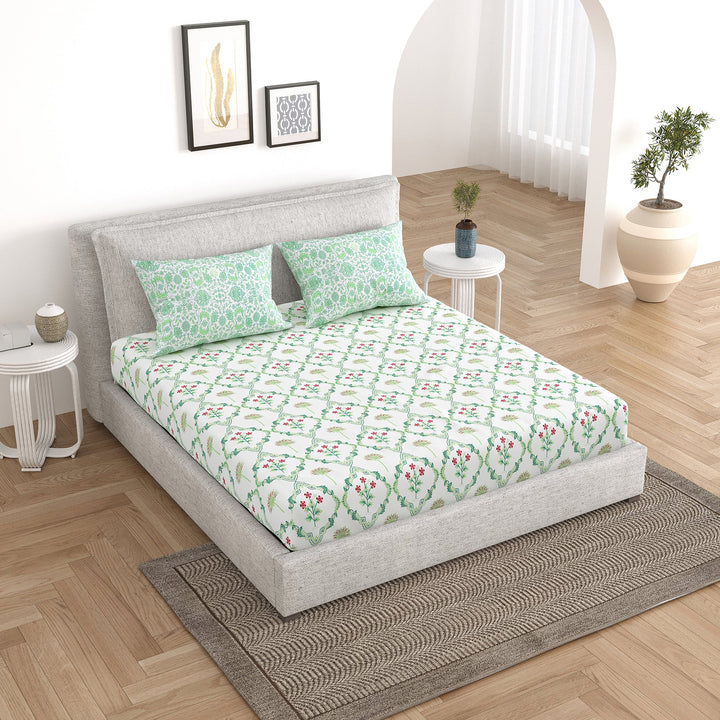 Bella Casa Fashion & Retail Ltd Bedding Set 90 x 108 inch / Green / Cotton 5 PC Bedding Set ( 1 Double Bedsheet with 2 Pillow Covers & 2 Reversible Single Dohar ) Floral Design Cotton Green Colour - Oasis Bedding Set