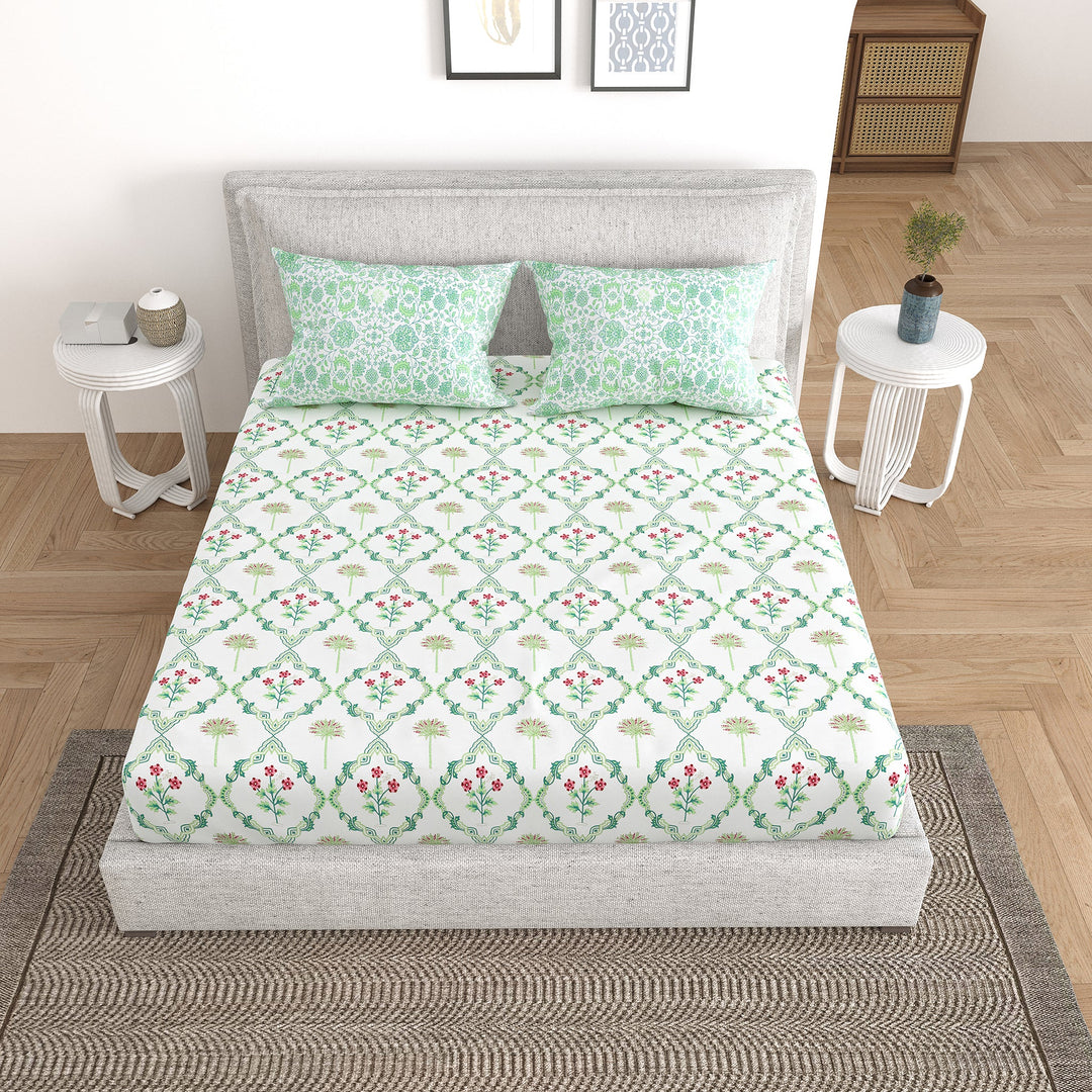 Bella Casa Fashion & Retail Ltd Bedding Set 90 x 108 inch / Green / Cotton 5 PC Bedding Set ( 1 Double Bedsheet with 2 Pillow Covers & 2 Reversible Single Dohar ) Floral Design Cotton Green Colour - Oasis Bedding Set