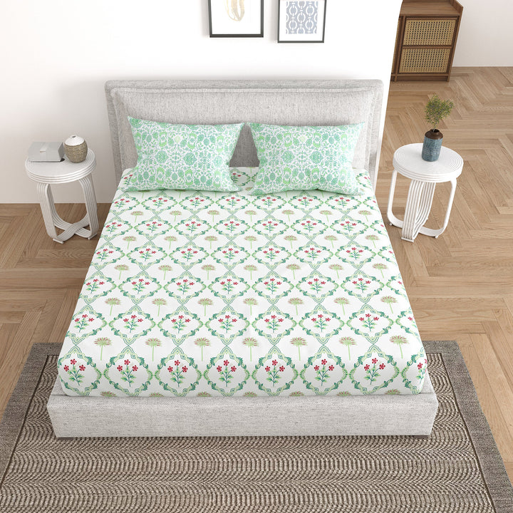 Bella Casa Fashion & Retail Ltd Bedding Set 90 x 108 inch / Green / Cotton 5 PC Bedding Set ( 1 Double Bedsheet with 2 Pillow Covers & 2 Reversible Single Dohar ) Floral Design Cotton Green Colour - Oasis Bedding Set