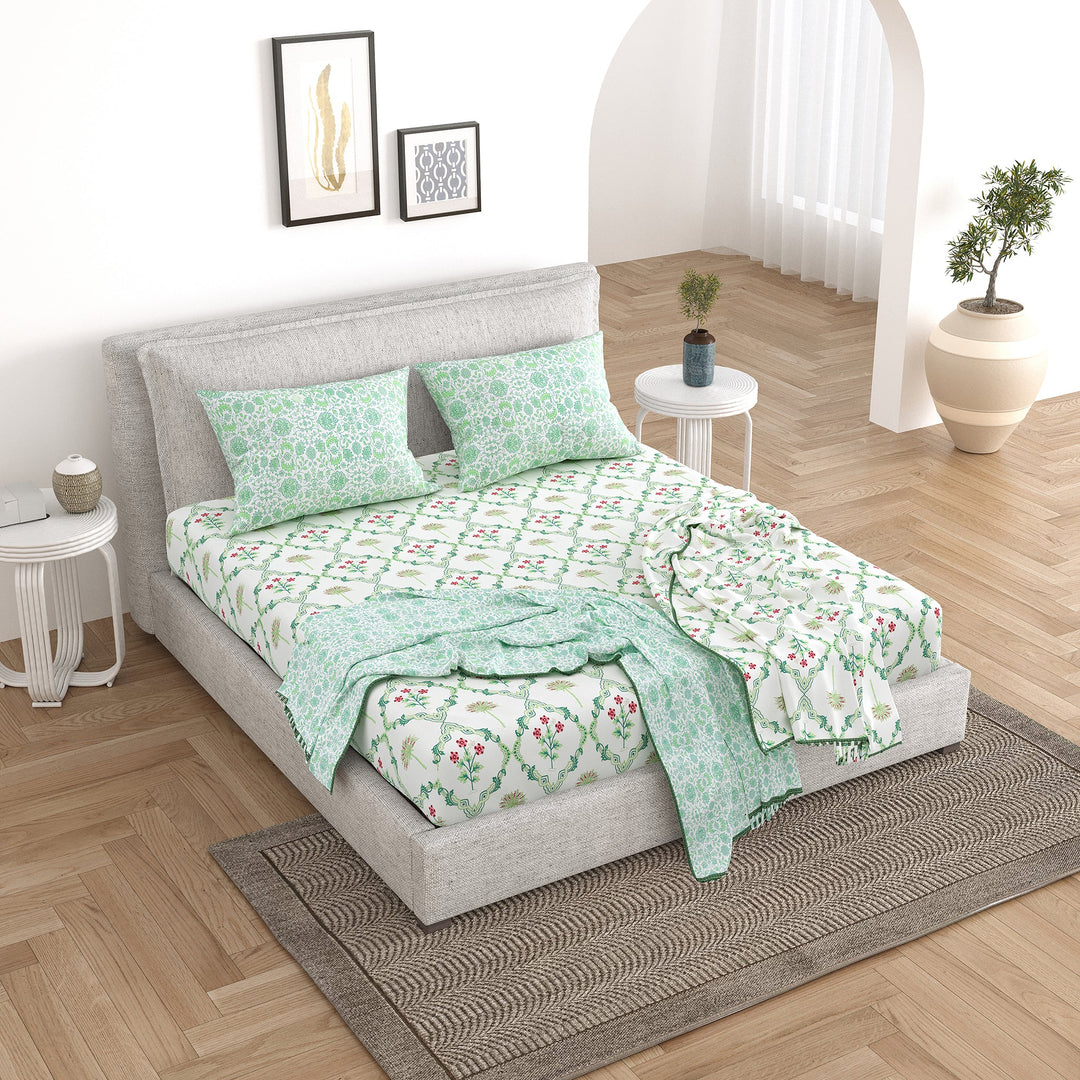 Bella Casa Fashion & Retail Ltd Bedding Set 90 x 108 inch / Green / Cotton 5 PC Bedding Set ( 1 Double Bedsheet with 2 Pillow Covers & 2 Reversible Single Dohar ) Floral Design Cotton Green Colour - Oasis Bedding Set