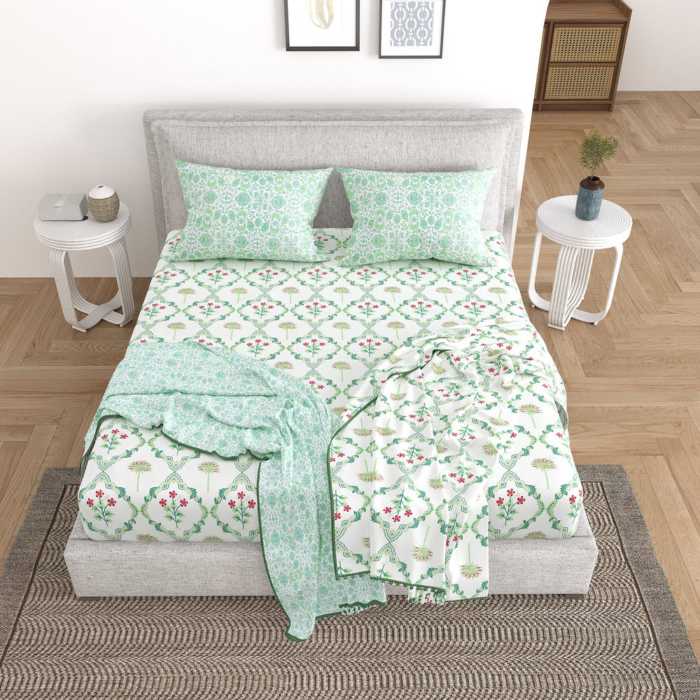 Bella Casa Fashion & Retail Ltd Bedding Set 90 x 108 inch / Green / Cotton 5 PC Bedding Set ( 1 Double Bedsheet with 2 Pillow Covers & 2 Reversible Single Dohar ) Floral Design Cotton Green Colour - Oasis Bedding Set