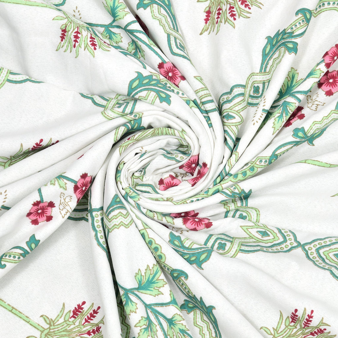 Bella Casa Fashion & Retail Ltd Bedding Set 90 x 108 inch / Green / Cotton 5 PC Bedding Set ( 1 Double Bedsheet with 2 Pillow Covers & 2 Reversible Single Dohar ) Floral Design Cotton Green Colour - Oasis Bedding Set