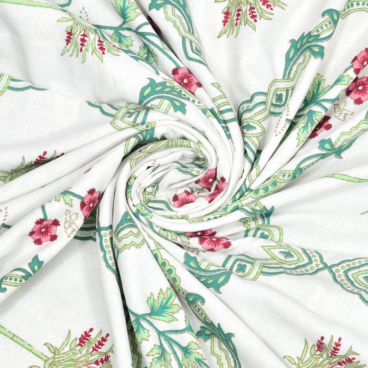 Bella Casa Fashion & Retail Ltd Bedding Set 90 x 108 inch / Green / Cotton 5 PC Bedding Set ( 1 Double Bedsheet with 2 Pillow Covers & 2 Reversible Single Dohar ) Floral Design Cotton Green Colour - Oasis Bedding Set