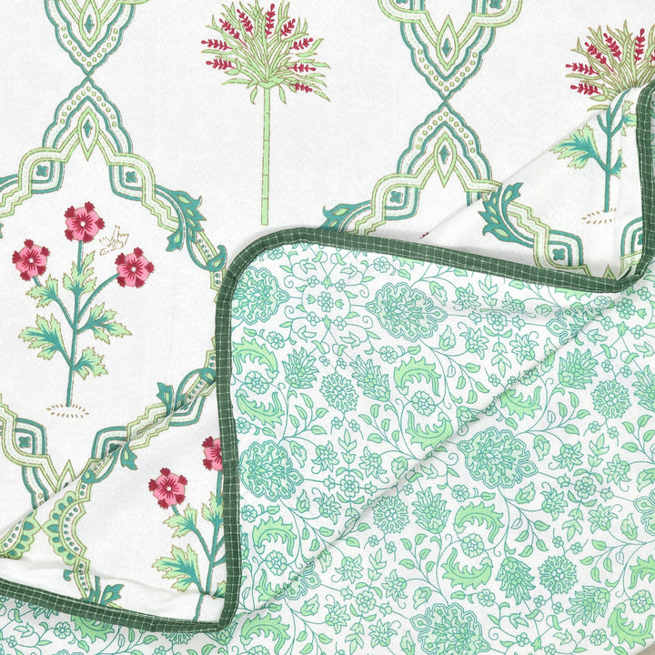Bella Casa Fashion & Retail Ltd Bedding Set 90 x 108 inch / Green / Cotton 5 PC Bedding Set ( 1 Double Bedsheet with 2 Pillow Covers & 2 Reversible Single Dohar ) Floral Design Cotton Green Colour - Oasis Bedding Set