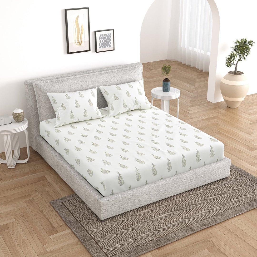 Bella Casa Fashion & Retail Ltd Bedding Set 90 x 108 inch / Grey / Cotton 5 PC Bedding Set ( 1 Double Bedsheet with 2 Pillow Covers & 2 Reversible Single Dohar ) Floral Design Cotton Grey Colour - Oasis Bedding Set