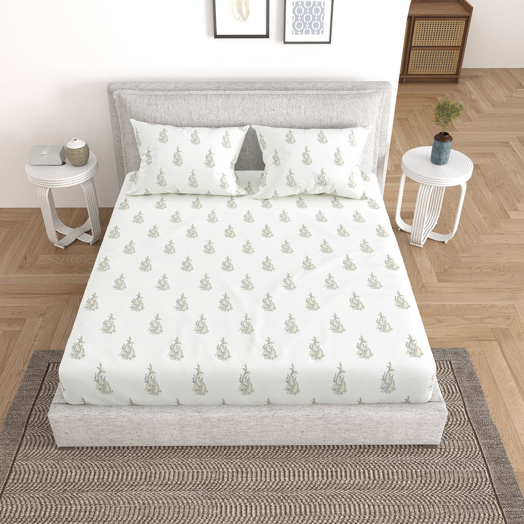 Bella Casa Fashion & Retail Ltd Bedding Set 90 x 108 inch / Grey / Cotton 5 PC Bedding Set ( 1 Double Bedsheet with 2 Pillow Covers & 2 Reversible Single Dohar ) Floral Design Cotton Grey Colour - Oasis Bedding Set