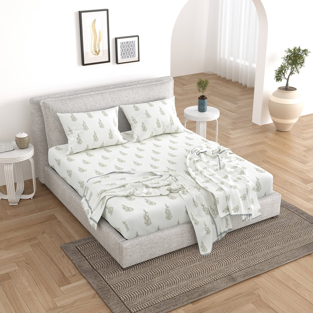 Bella Casa Fashion & Retail Ltd Bedding Set 90 x 108 inch / Grey / Cotton 5 PC Bedding Set ( 1 Double Bedsheet with 2 Pillow Covers & 2 Reversible Single Dohar ) Floral Design Cotton Grey Colour - Oasis Bedding Set