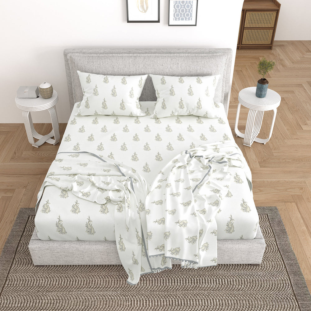 Bella Casa Fashion & Retail Ltd Bedding Set 90 x 108 inch / Grey / Cotton 5 PC Bedding Set ( 1 Double Bedsheet with 2 Pillow Covers & 2 Reversible Single Dohar ) Floral Design Cotton Grey Colour - Oasis Bedding Set