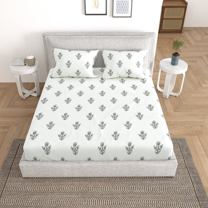 Bella Casa Fashion & Retail Ltd Bedding Set 90 x 108 inch / Grey / Cotton 5 PC Bedding Set ( 1 Double Bedsheet with 2 Pillow Covers & 2 Reversible Single Dohar ) Floral Design Cotton Grey Colour - Oasis Bedding Set