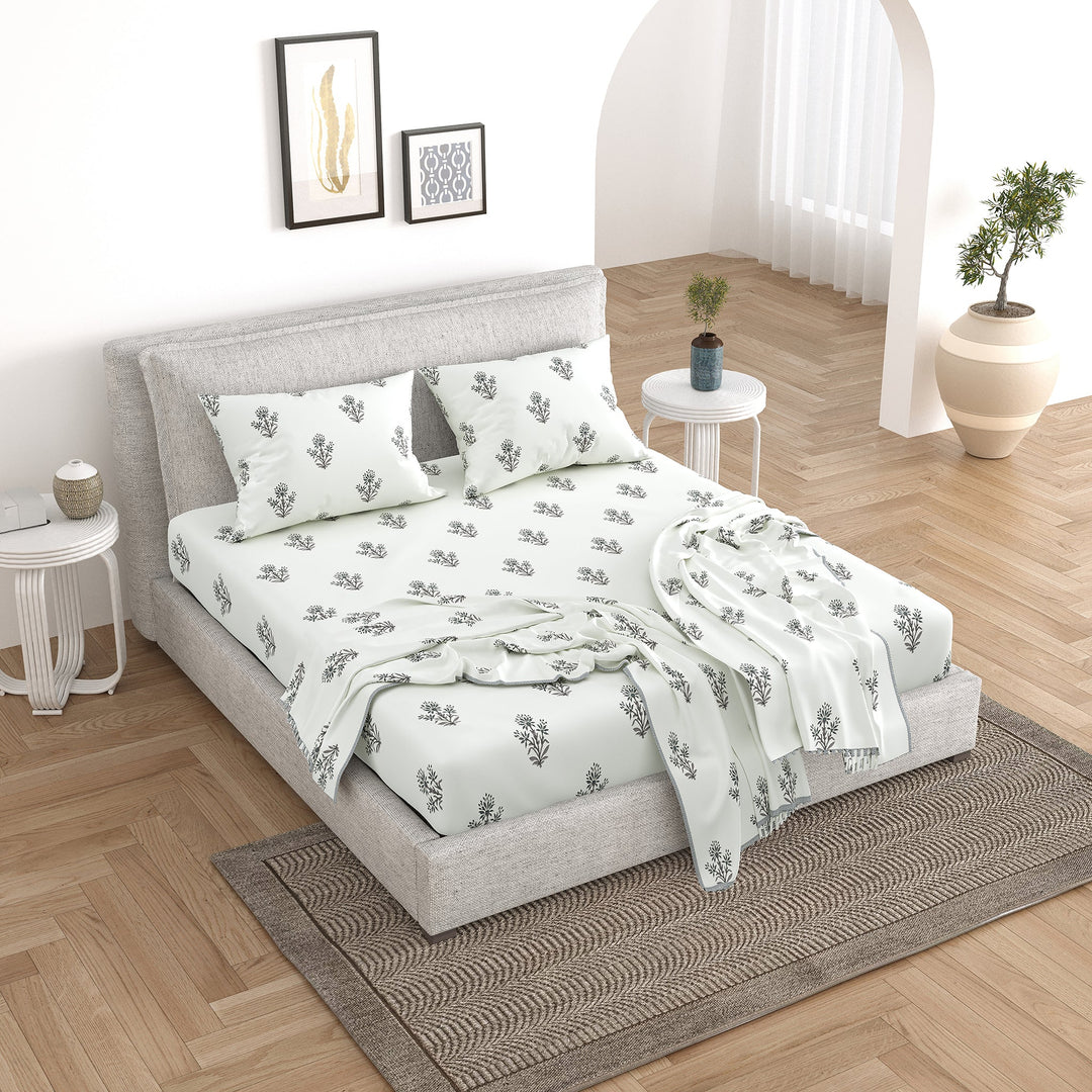 Bella Casa Fashion & Retail Ltd Bedding Set 90 x 108 inch / Grey / Cotton 5 PC Bedding Set ( 1 Double Bedsheet with 2 Pillow Covers & 2 Reversible Single Dohar ) Floral Design Cotton Grey Colour - Oasis Bedding Set