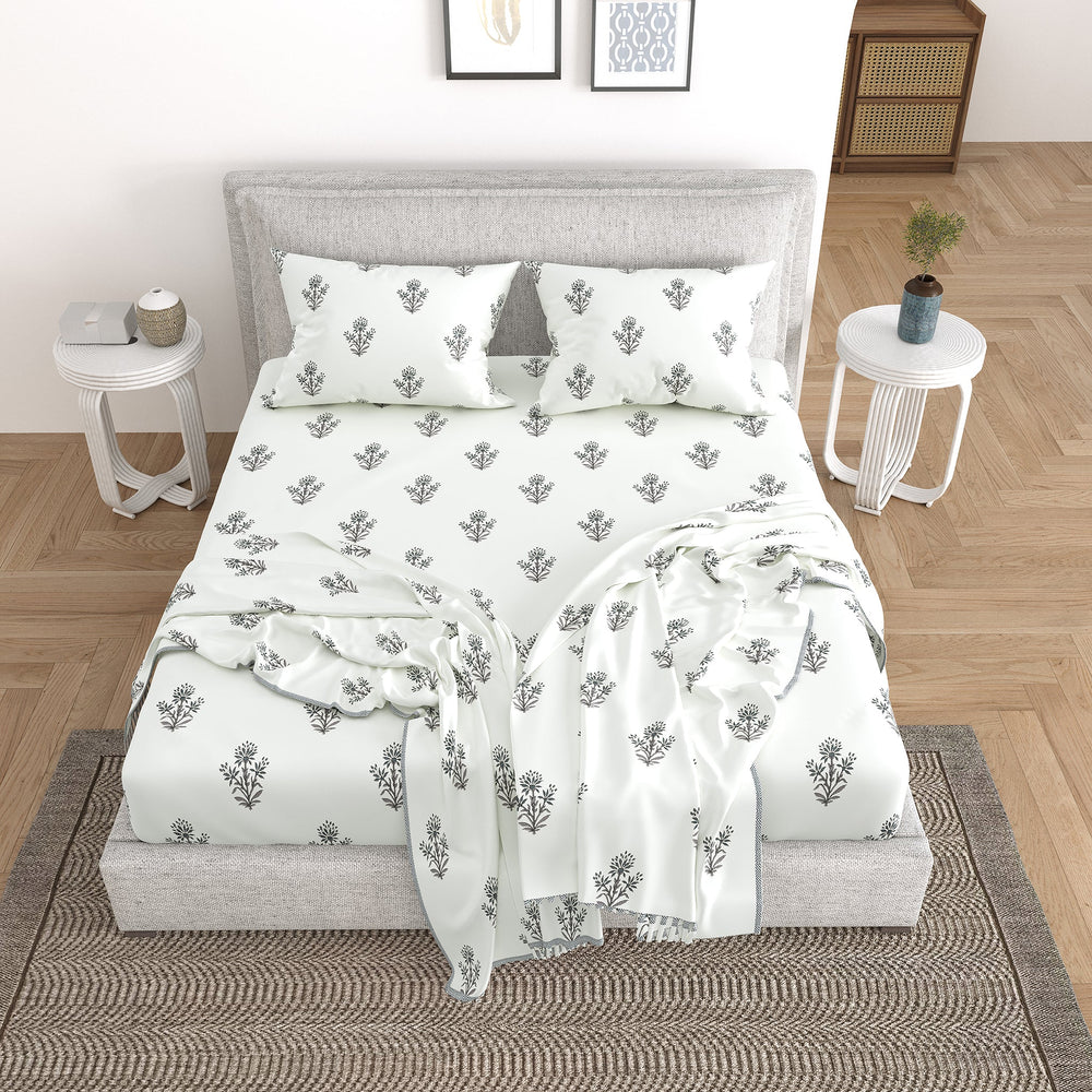 Bella Casa Fashion & Retail Ltd Bedding Set 90 x 108 inch / Grey / Cotton 5 PC Bedding Set ( 1 Double Bedsheet with 2 Pillow Covers & 2 Reversible Single Dohar ) Floral Design Cotton Grey Colour - Oasis Bedding Set