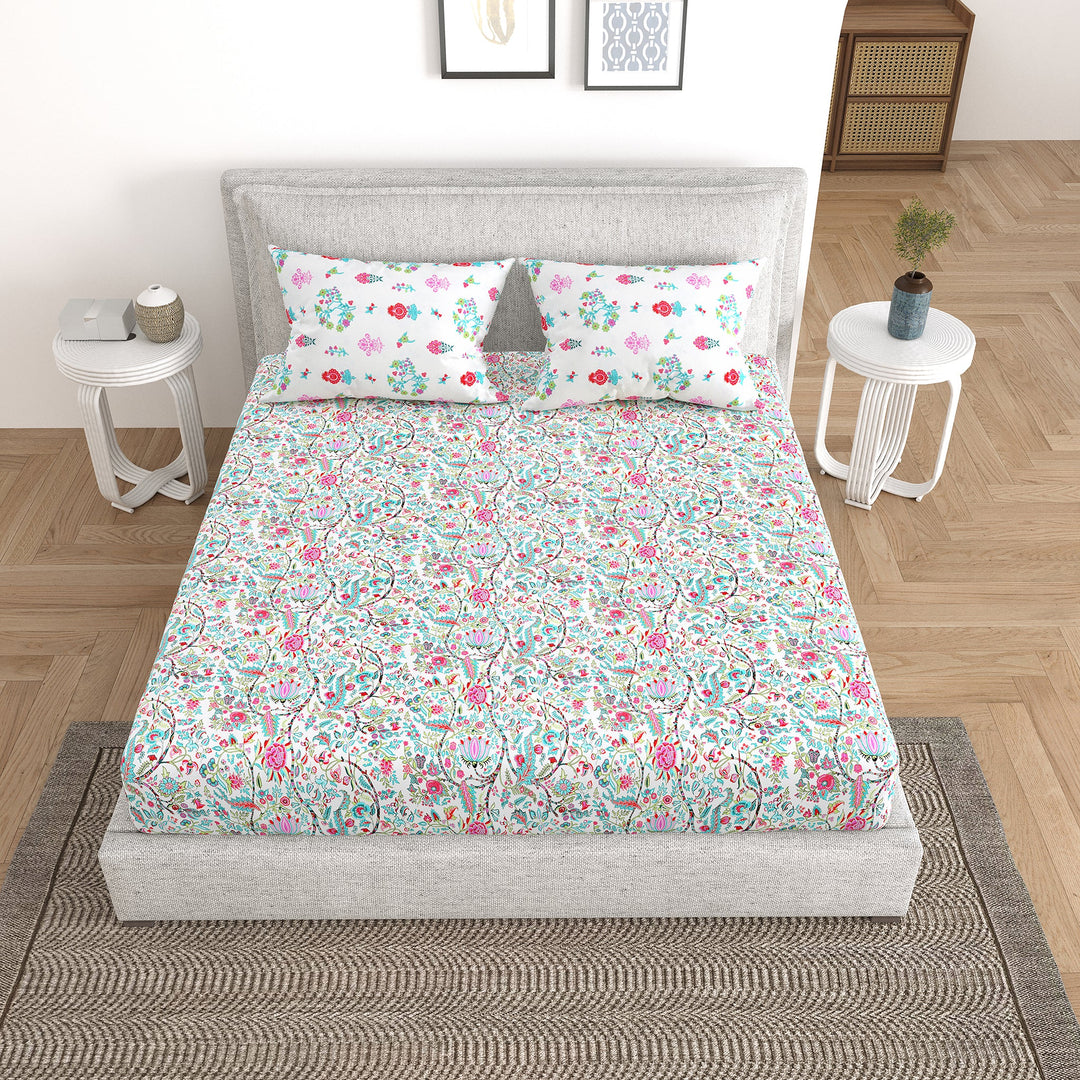 Bella Casa Fashion & Retail Ltd Bedding Set 90 x 108 inch / Multi / Cotton 5 PC Bedding Set ( 1 Double Bedsheet with 2 Pillow Covers & 2 Reversible Single Dohar ) Floral Design Cotton Multi Colour - Oasis Bedding Set