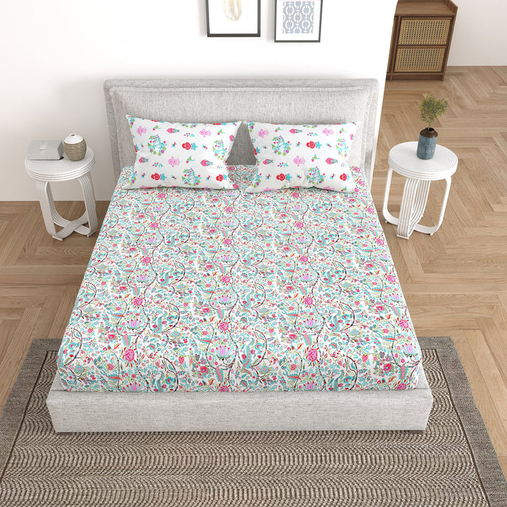 Bella Casa Fashion & Retail Ltd Bedding Set 90 x 108 inch / Multi / Cotton 5 PC Bedding Set ( 1 Double Bedsheet with 2 Pillow Covers & 2 Reversible Single Dohar ) Floral Design Cotton Multi Colour - Oasis Bedding Set