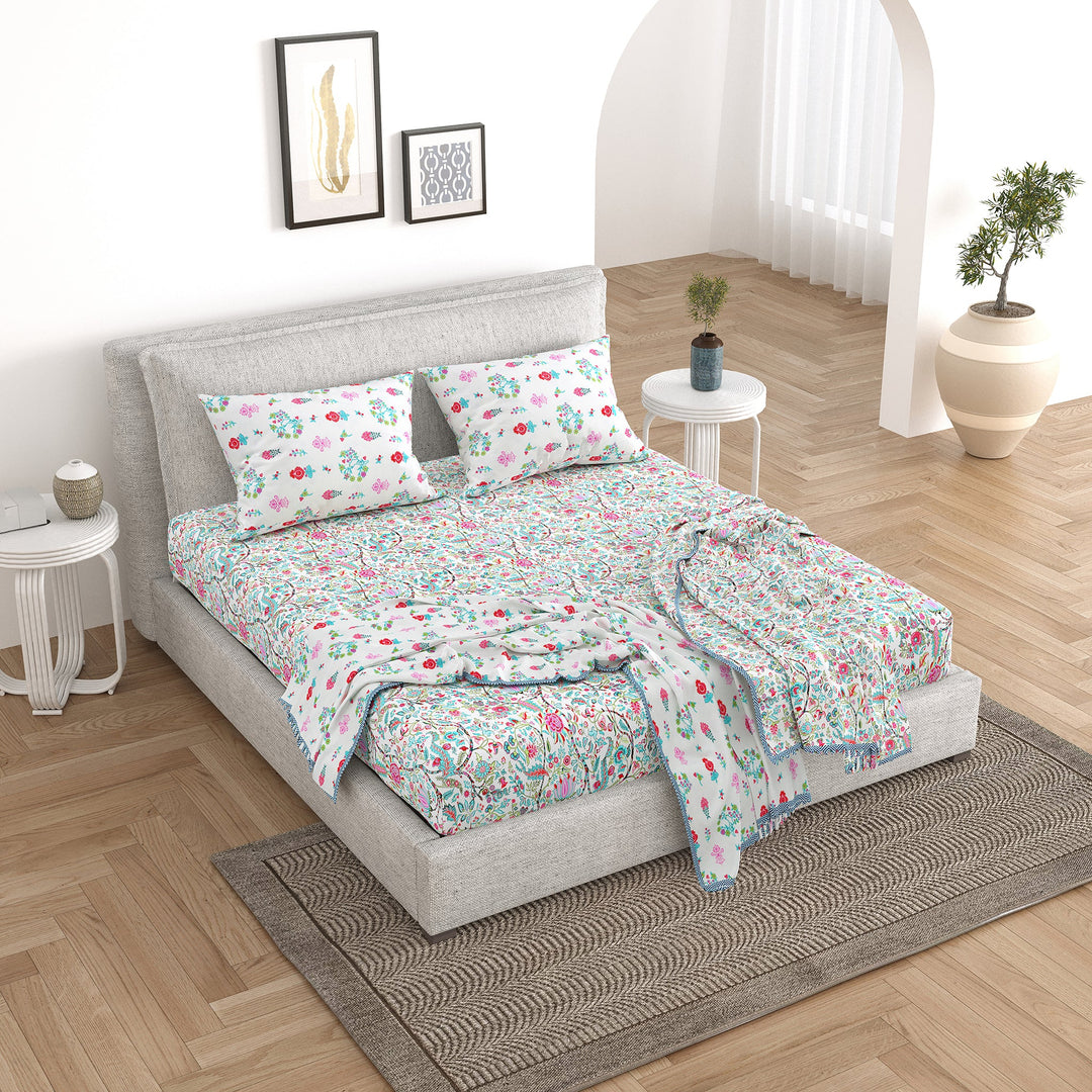 Bella Casa Fashion & Retail Ltd Bedding Set 90 x 108 inch / Multi / Cotton 5 PC Bedding Set ( 1 Double Bedsheet with 2 Pillow Covers & 2 Reversible Single Dohar ) Floral Design Cotton Multi Colour - Oasis Bedding Set