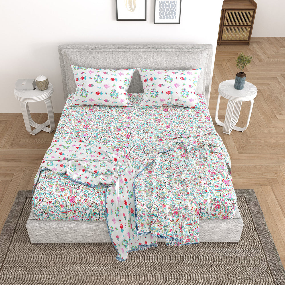 Bella Casa Fashion & Retail Ltd Bedding Set 90 x 108 inch / Multi / Cotton 5 PC Bedding Set ( 1 Double Bedsheet with 2 Pillow Covers & 2 Reversible Single Dohar ) Floral Design Cotton Multi Colour - Oasis Bedding Set